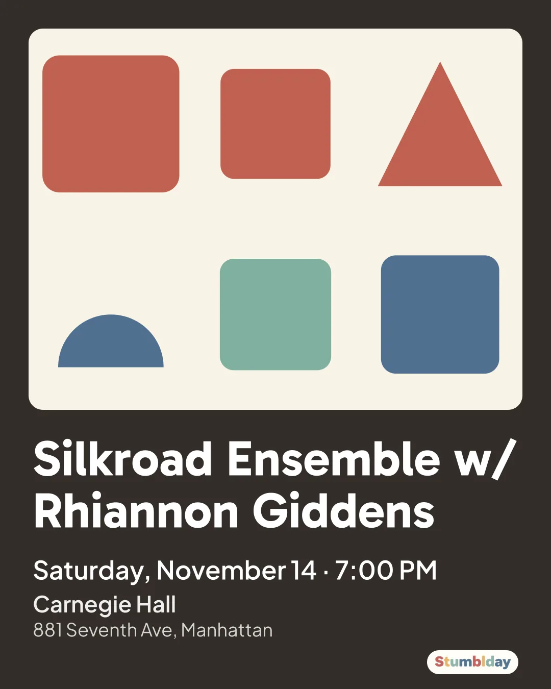 Flyer for Silkroad Ensemble w/ Rhiannon Giddens: Saturday, November 14 · 7:00 PM at Carnegie Hall