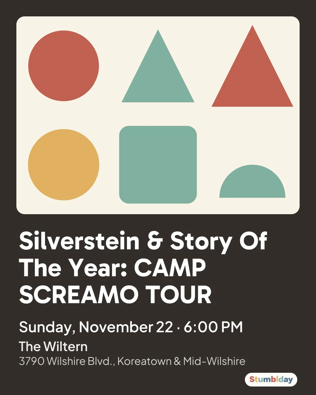 Flyer for Silverstein & Story Of The Year: CAMP SCREAMO TOUR: Sunday, November 22 · 6:00 PM at The Wiltern