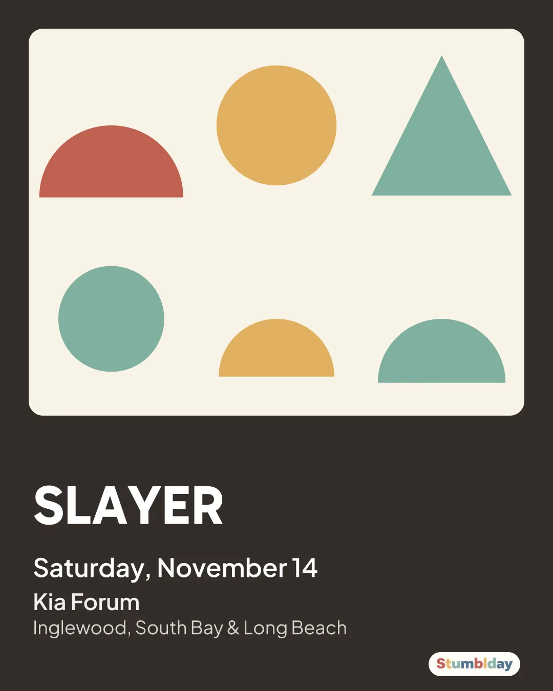 Flyer for SLAYER: Saturday, November 14 at Kia Forum