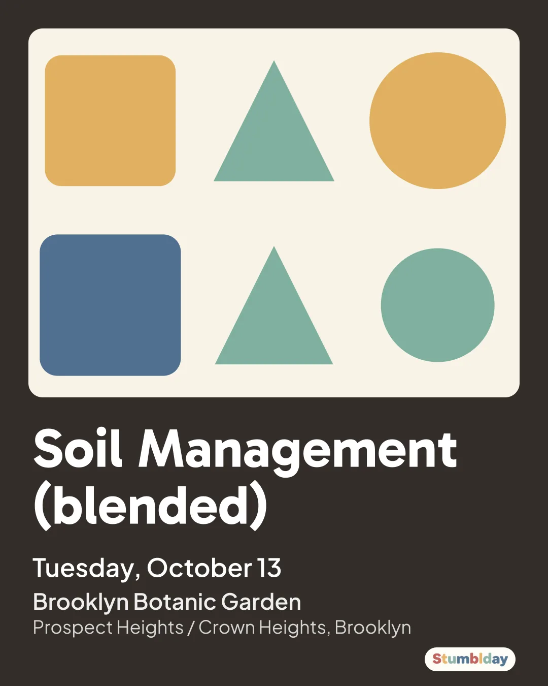 Flyer for Soil Management (blended): Tuesday, October 13 at Brooklyn Botanic Garden