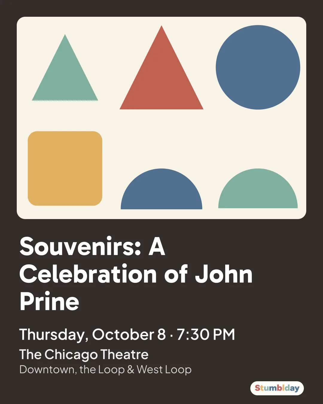 Flyer for Souvenirs: A Celebration of John Prine: Thursday, October 8 · 7:30 PM at The Chicago Theatre