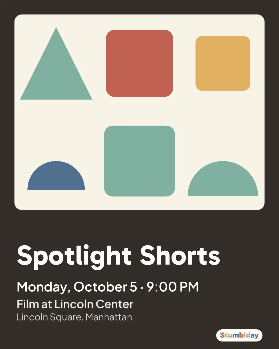 Flyer for Spotlight Shorts: Monday, October 5 · 9:00 PM at Film at Lincoln Center