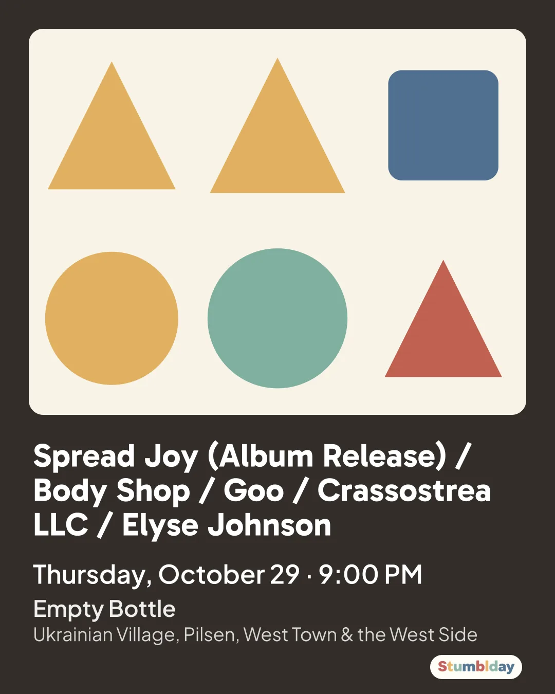 Flyer for Spread Joy (Album Release) / Body Shop / Goo / Crassostrea LLC / Elyse Johnson: Thursday, October 29 · 9:00 PM at Empty Bottle