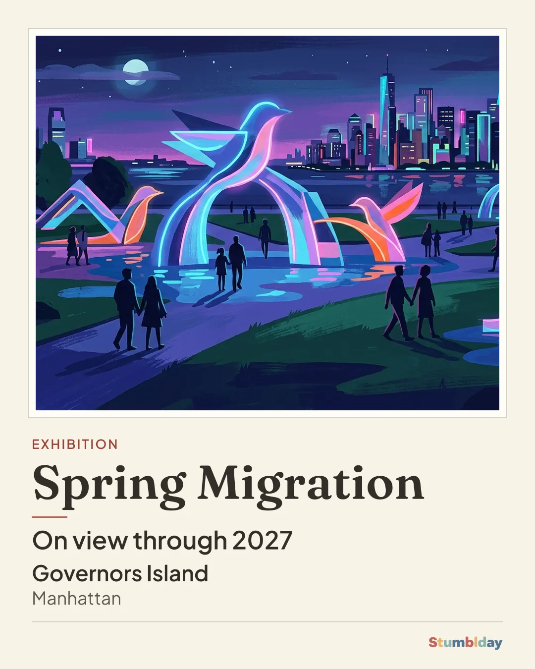 Flyer for Spring Migration: On view through 2027 at Governors Island