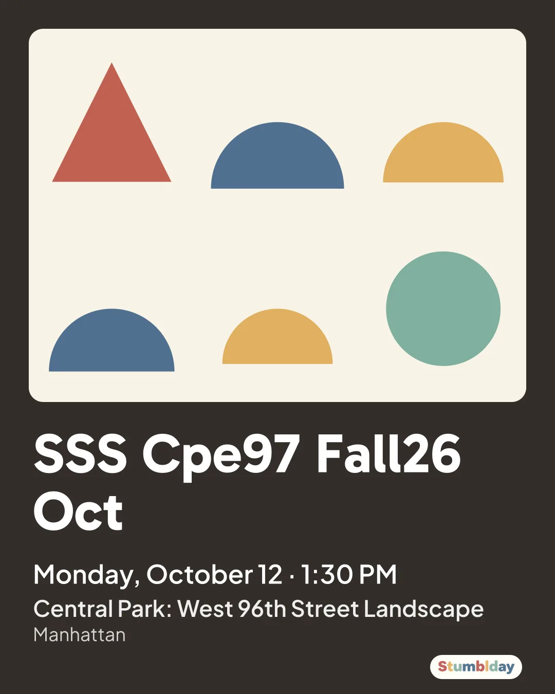 Flyer for SSS Cpe97 Fall26 Oct: Monday, October 12 · 1:30 PM at Central Park: West 96th Street Landscape