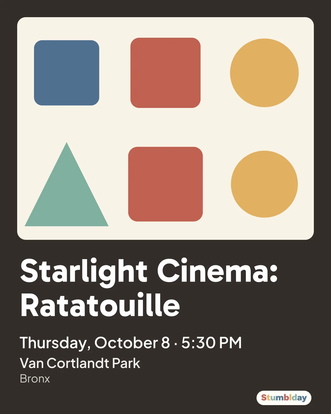 Flyer for Starlight Cinema: Ratatouille: Thursday, October 8 · 5:30 PM at Van Cortlandt Park