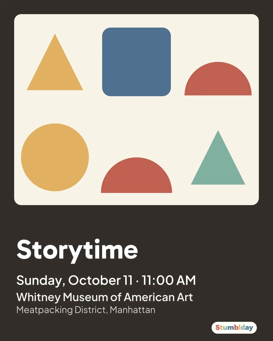 Flyer for Storytime: Sunday, October 11 · 11:00 AM at Whitney Museum of American Art