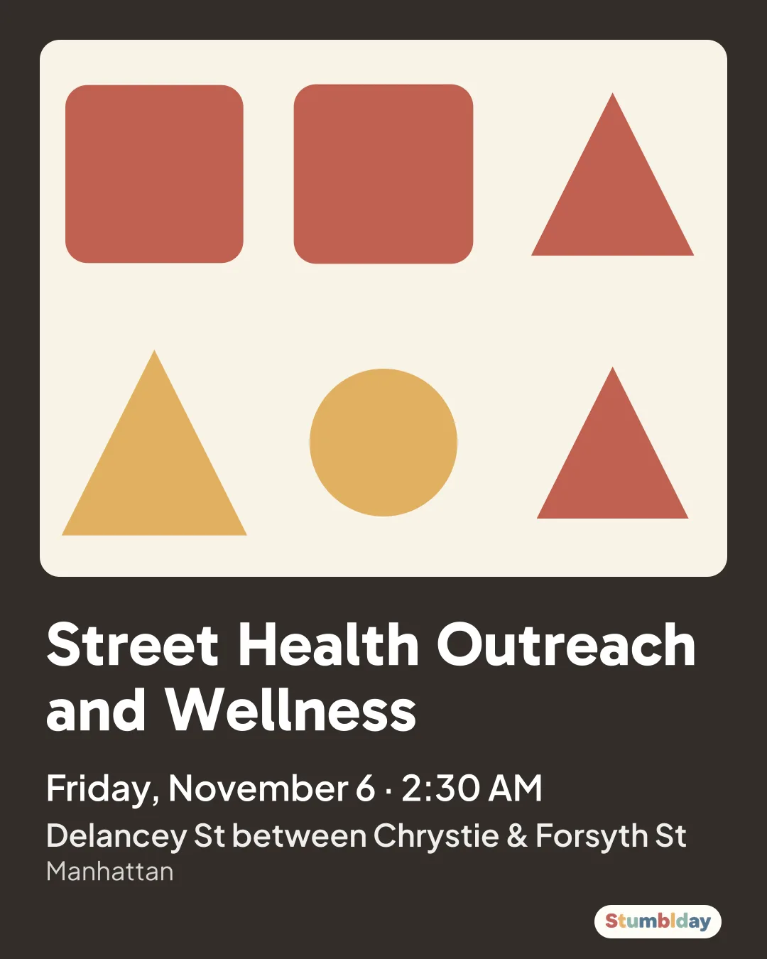 Flyer for Street Health Outreach and Wellness: Friday, November 6 · 2:30 AM at Delancey St between Chrystie & Forsyth St