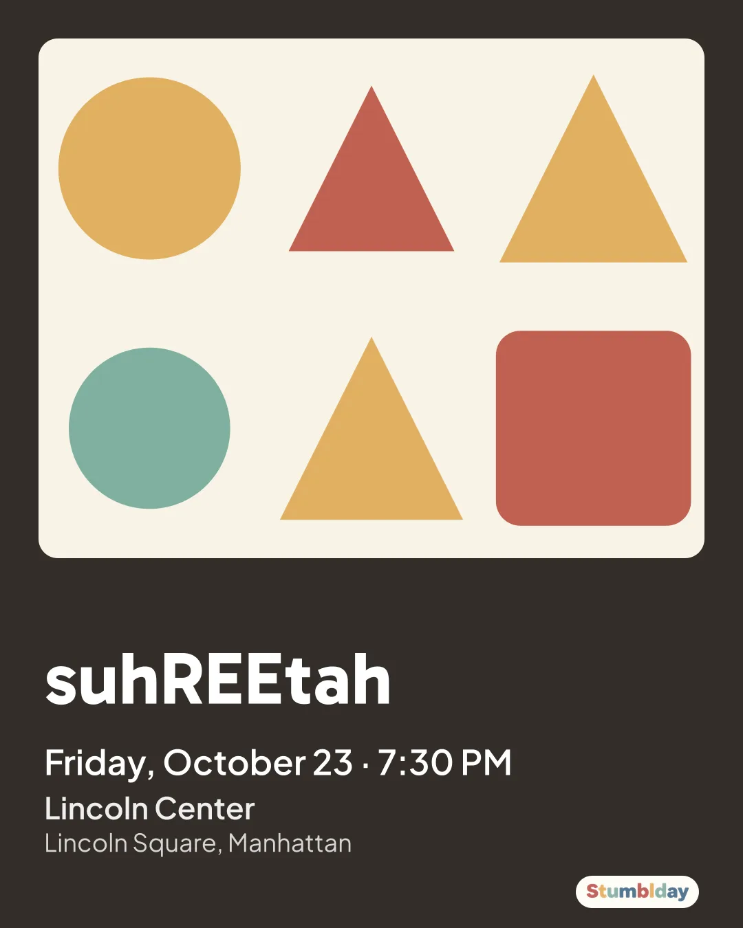 Flyer for suhREEtah: Friday, October 23 · 7:30 PM at Lincoln Center