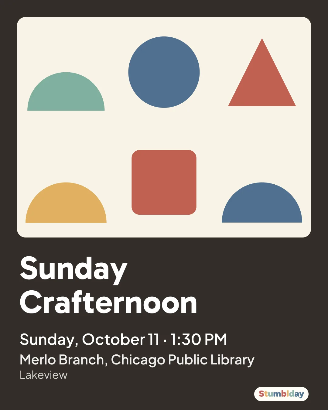 Flyer for Sunday Crafternoon: Sunday, October 11 · 1:30 PM at Merlo Branch, Chicago Public Library