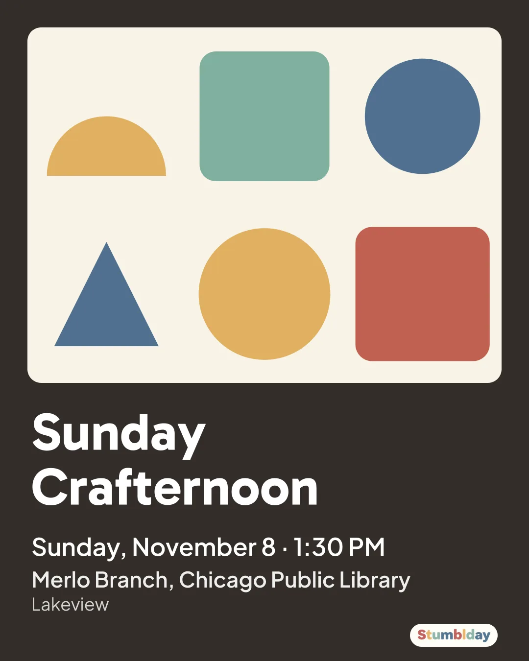Flyer for Sunday Crafternoon: Sunday, November 8 · 1:30 PM at Merlo Branch, Chicago Public Library