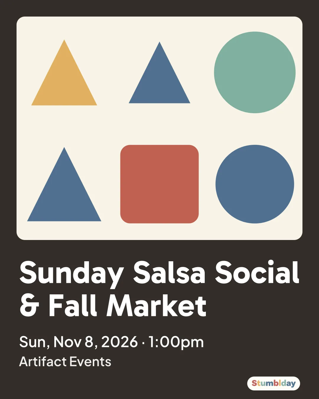 Flyer for Sunday Salsa Social & Fall Market: Sun, Nov 8, 2026 · 1:00pm at Artifact Events