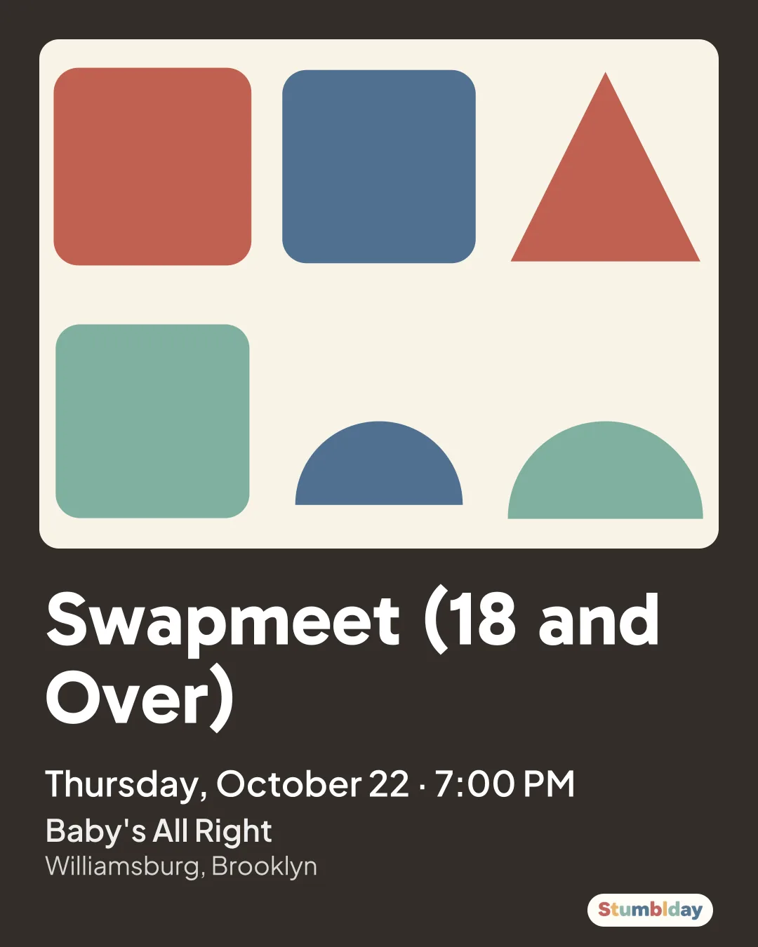 Flyer for Swapmeet (18 and Over): Thursday, October 22 · 7:00 PM at Baby's All Right