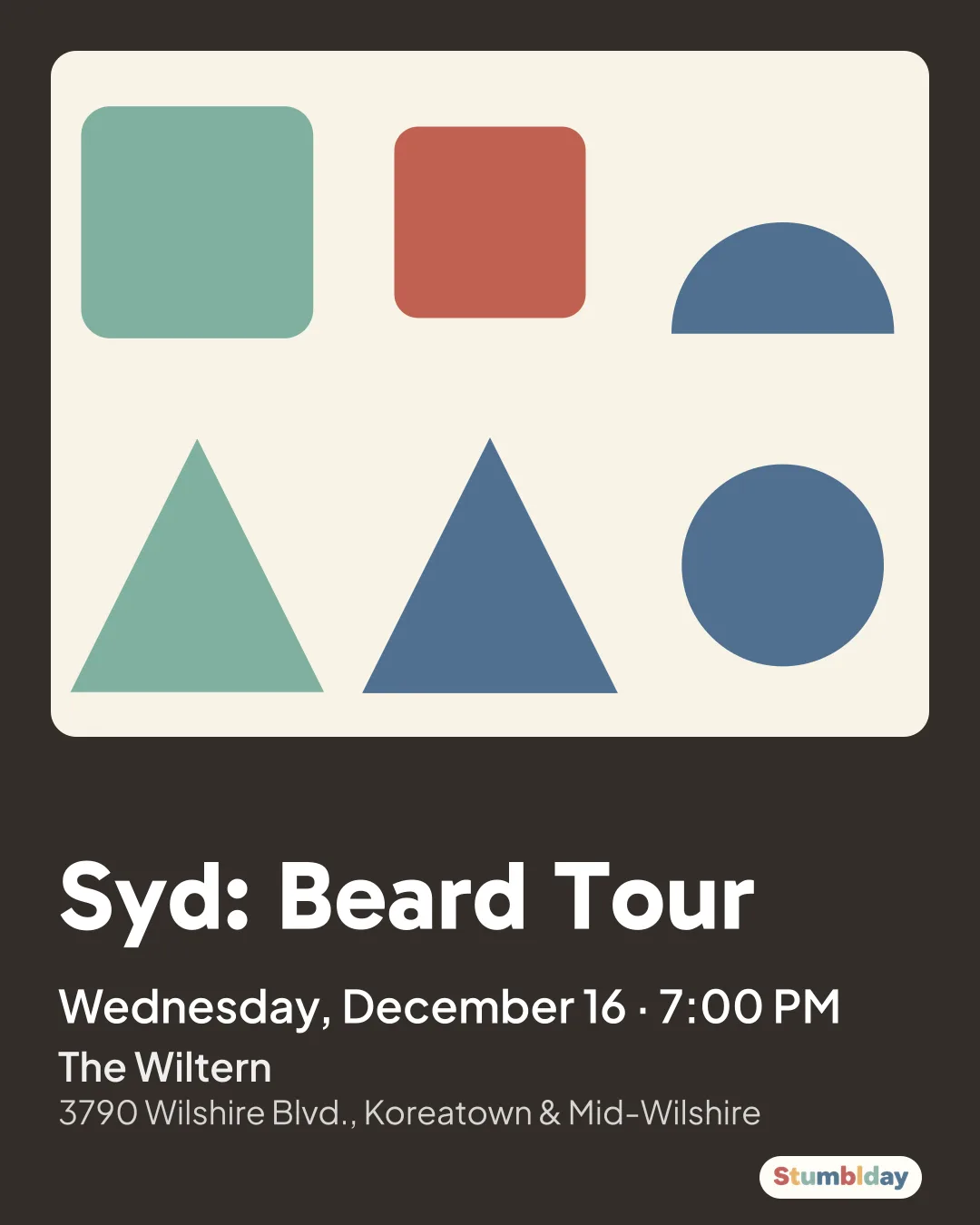 Flyer for Syd: Beard Tour: Wednesday, December 16 · 7:00 PM at The Wiltern