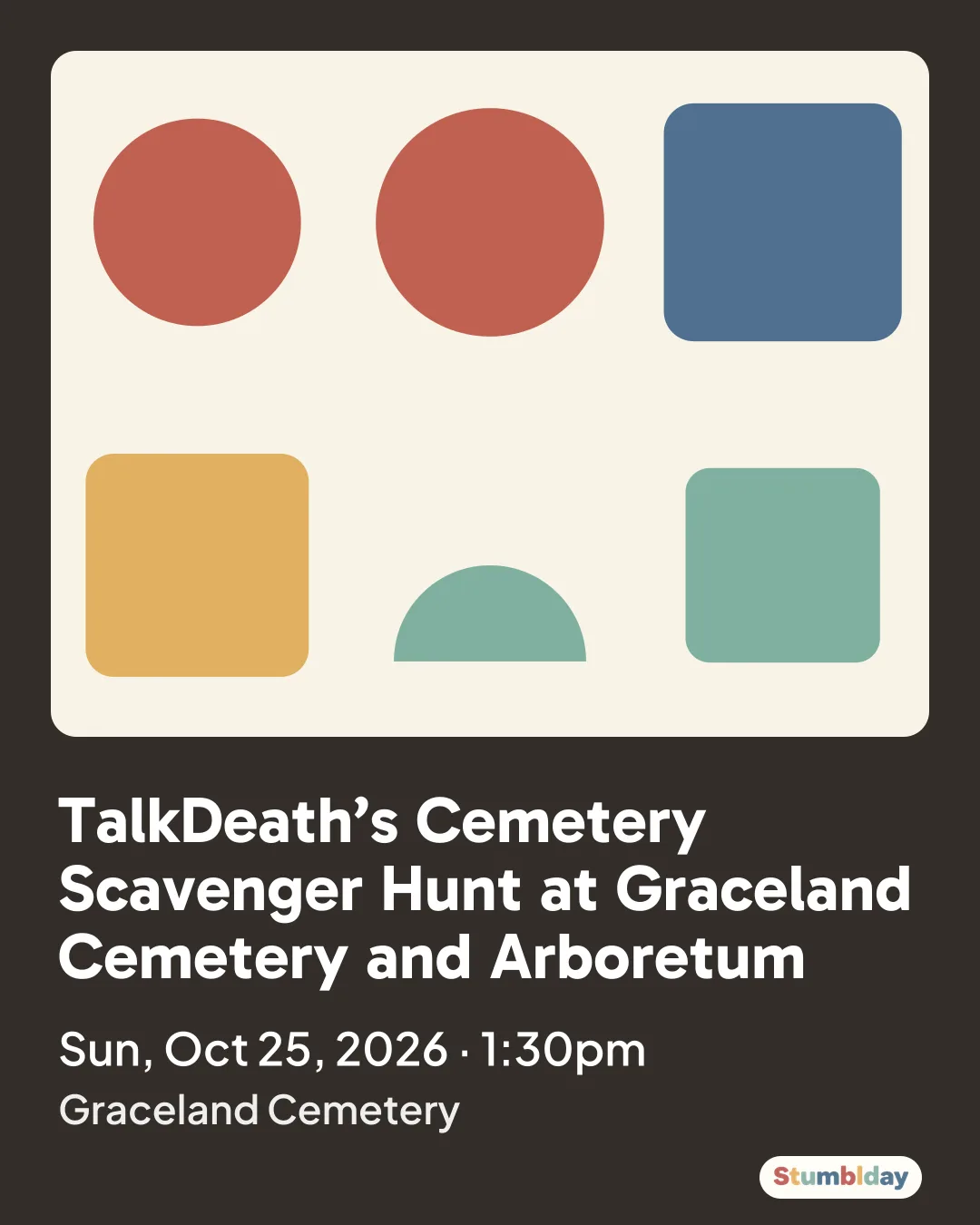 Flyer for TalkDeath’s Cemetery Scavenger Hunt at Graceland Cemetery and Arboretum: Sun, Oct 25, 2026 · 1:30pm at Graceland Cemetery