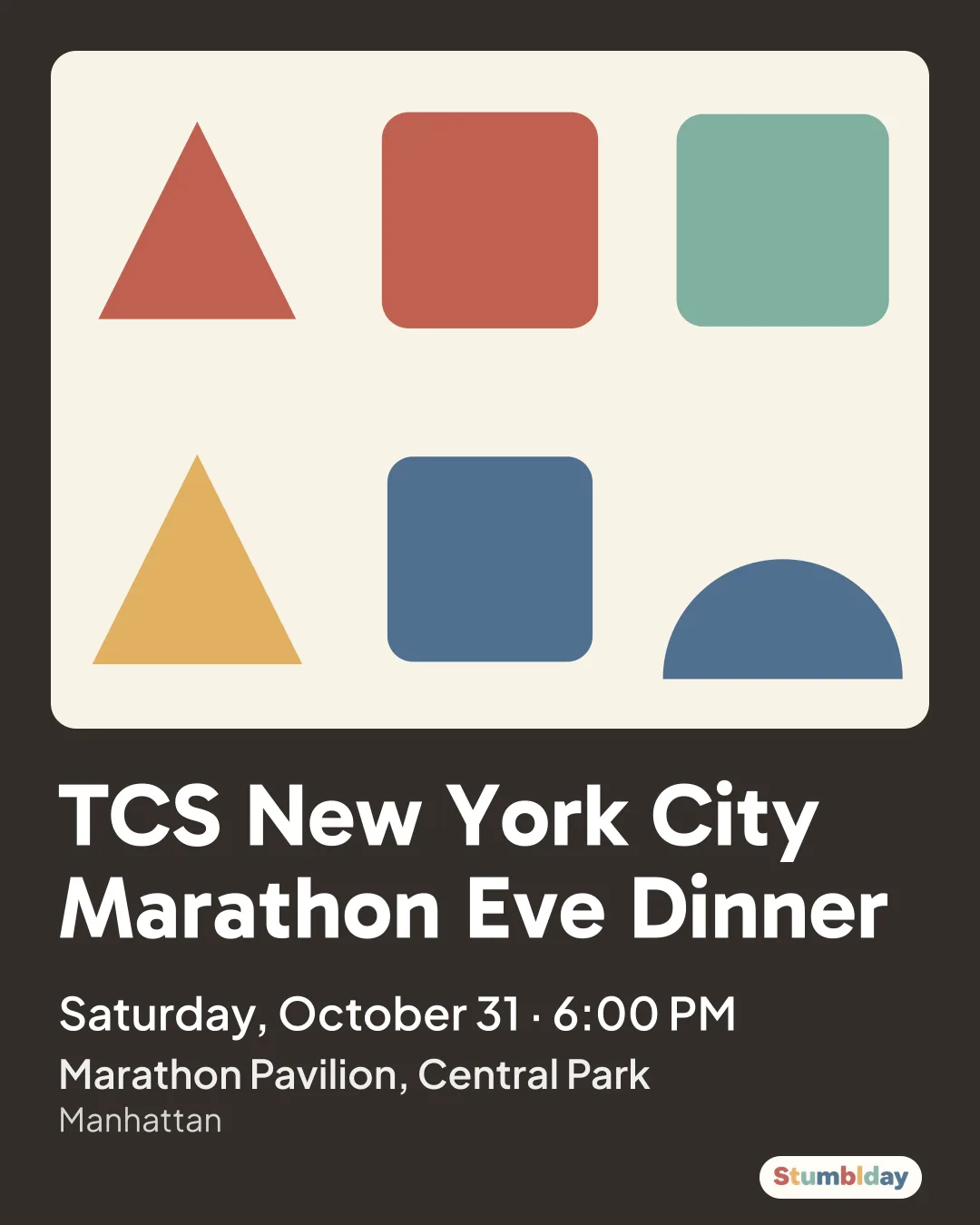 Flyer for TCS New York City Marathon Eve Dinner: Saturday, October 31 · 6:00 PM at Marathon Pavilion, Central Park