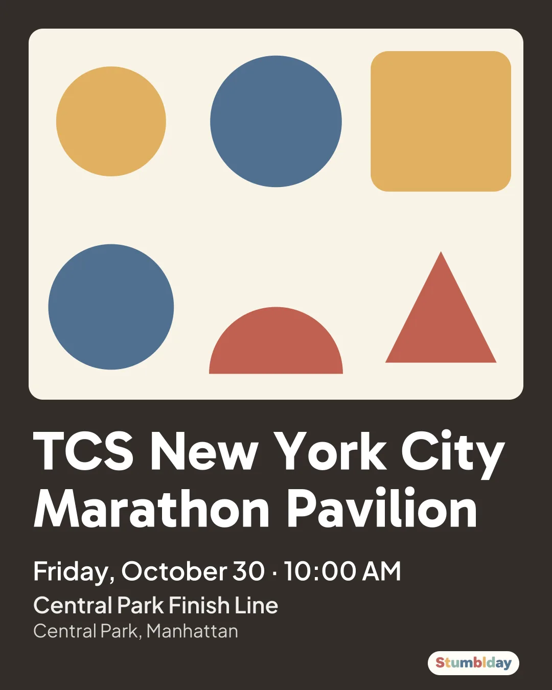 Flyer for TCS New York City Marathon Pavilion: Friday, October 30 · 10:00 AM at Central Park Finish Line