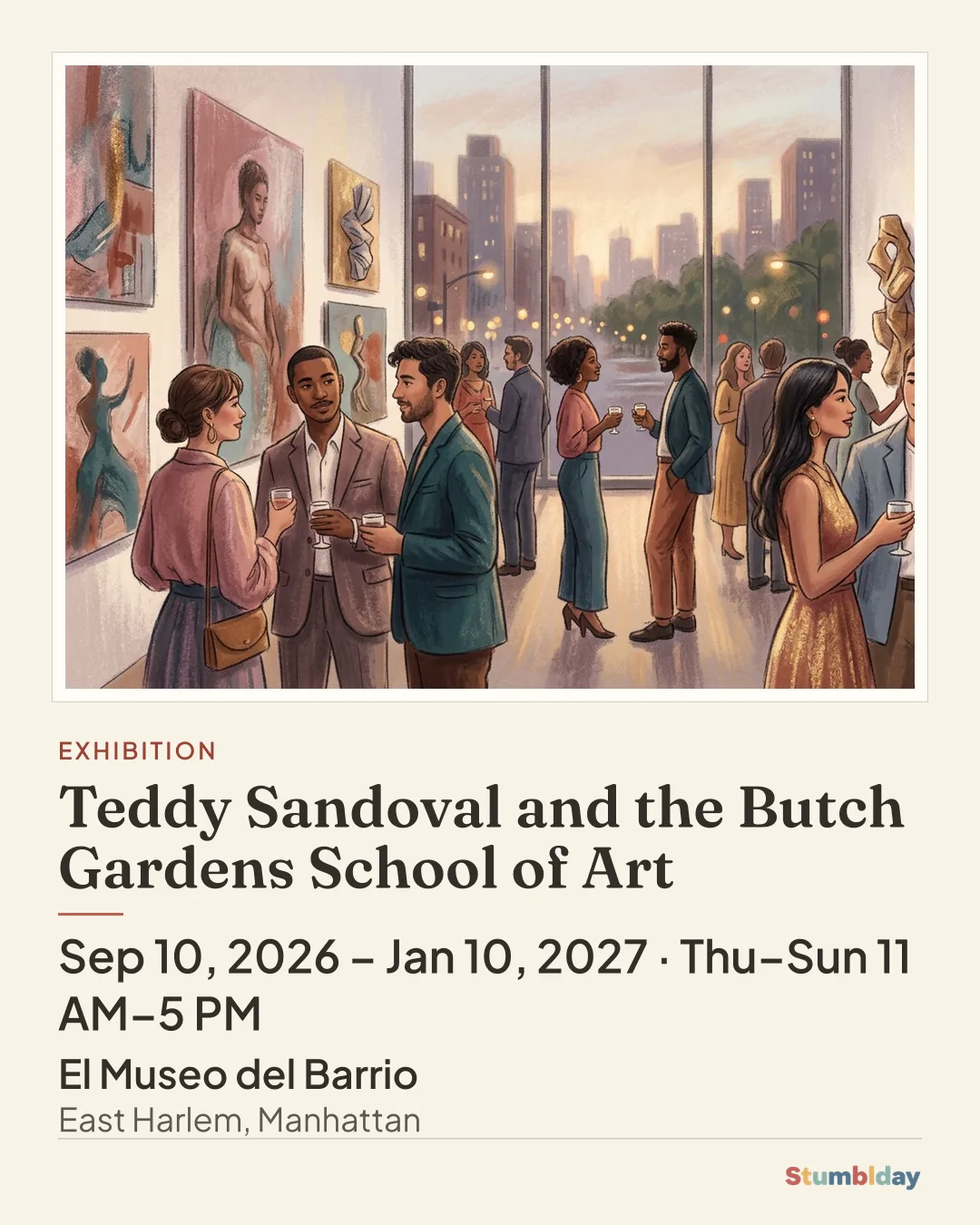 Flyer for Teddy Sandoval and the Butch Gardens School of Art: Sep 10, 2026 – Jan 10, 2027 · Thu–Sun 11 AM–5 PM at El Museo del Barrio