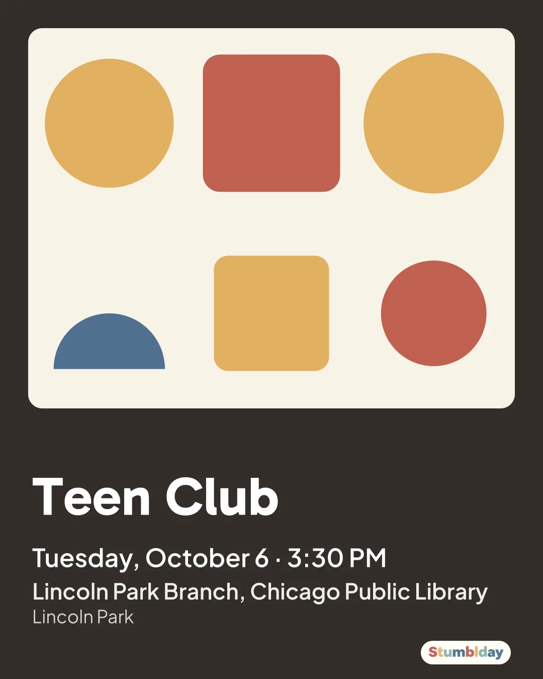 Flyer for Teen Club: Tuesday, October 6 · 3:30 PM at Lincoln Park Branch, Chicago Public Library