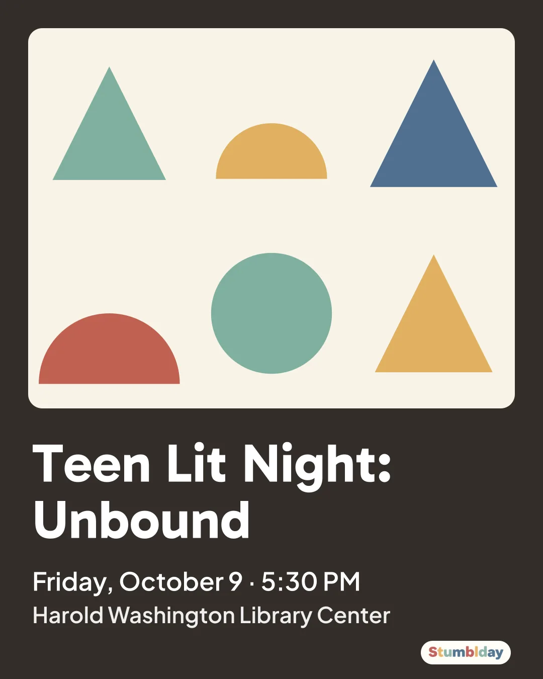 Flyer for Teen Lit Night: Unbound: Friday, October 9 · 5:30 PM at Harold Washington Library Center