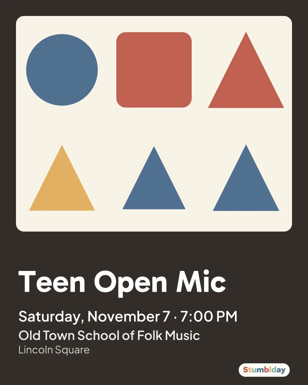 Flyer for Teen Open Mic: Saturday, November 7 · 7:00 PM at Old Town School of Folk Music