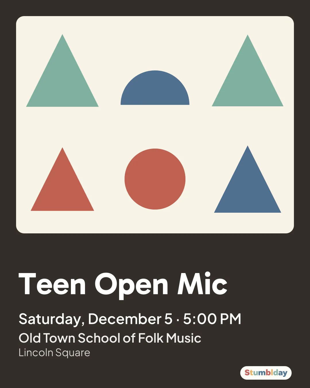 Flyer for Teen Open Mic: Saturday, December 5 · 5:00 PM at Old Town School of Folk Music