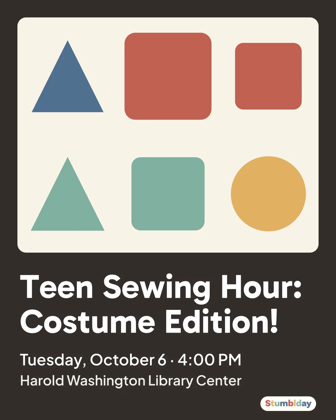 Flyer for Teen Sewing Hour: Costume Edition!: Tuesday, October 6 · 4:00 PM at Harold Washington Library Center