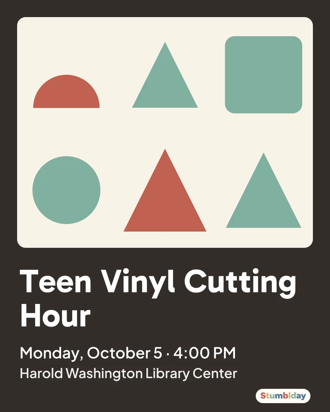 Flyer for Teen Vinyl Cutting Hour: Monday, October 5 · 4:00 PM at Harold Washington Library Center