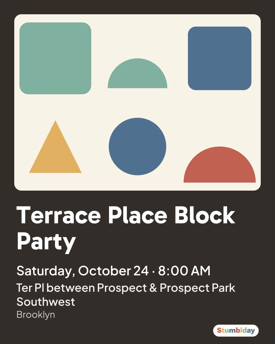 Flyer for Terrace Place Block Party: Saturday, October 24 · 8:00 AM at Ter Pl between Prospect & Prospect Park Southwest