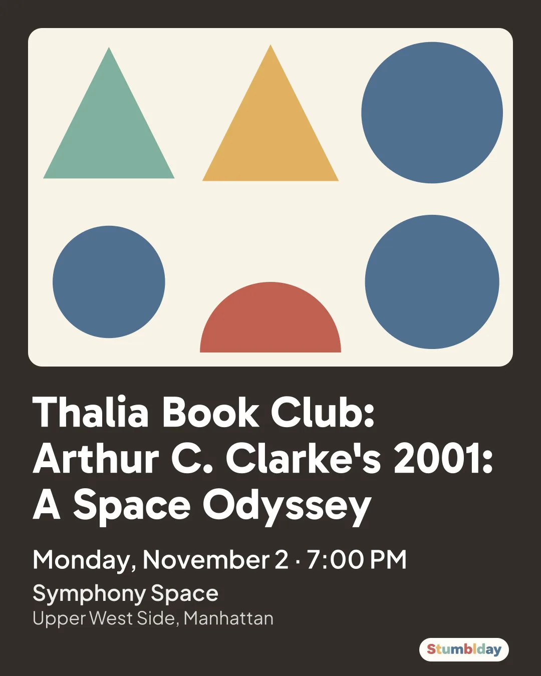 Flyer for Thalia Book Club: Arthur C. Clarke's 2001: A Space Odyssey: Monday, November 2 · 7:00 PM at Symphony Space