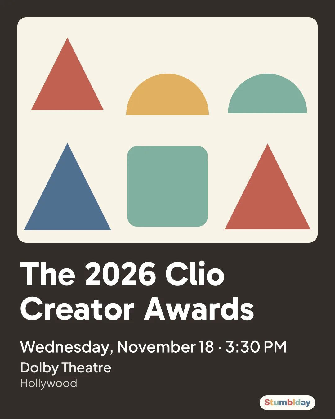 Flyer for The 2026 Clio Creator Awards: Wednesday, November 18 · 3:30 PM at Dolby Theatre