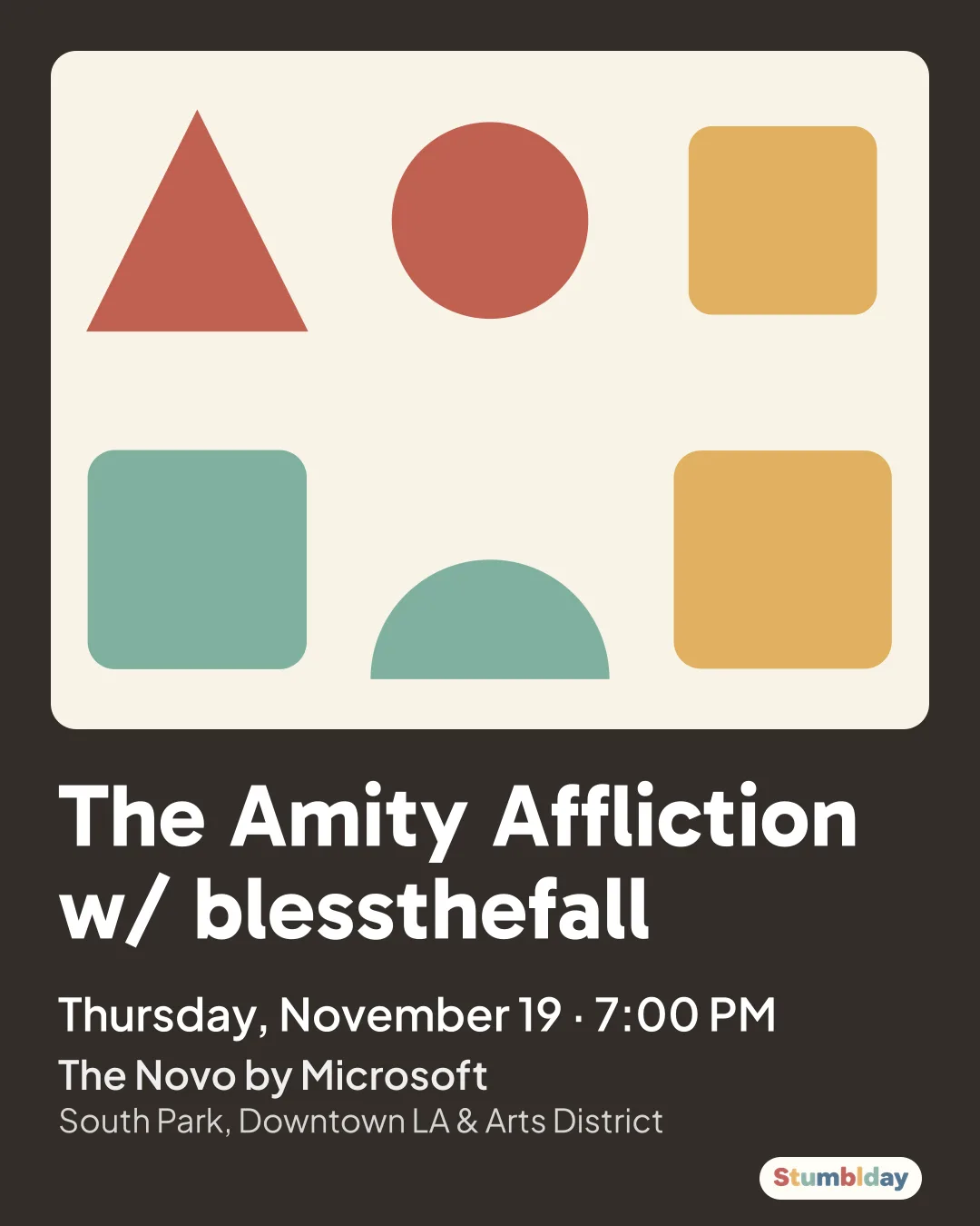 Flyer for The Amity Affliction w/ blessthefall: Thursday, November 19 ¡ 7:00 PM at The Novo by Microsoft