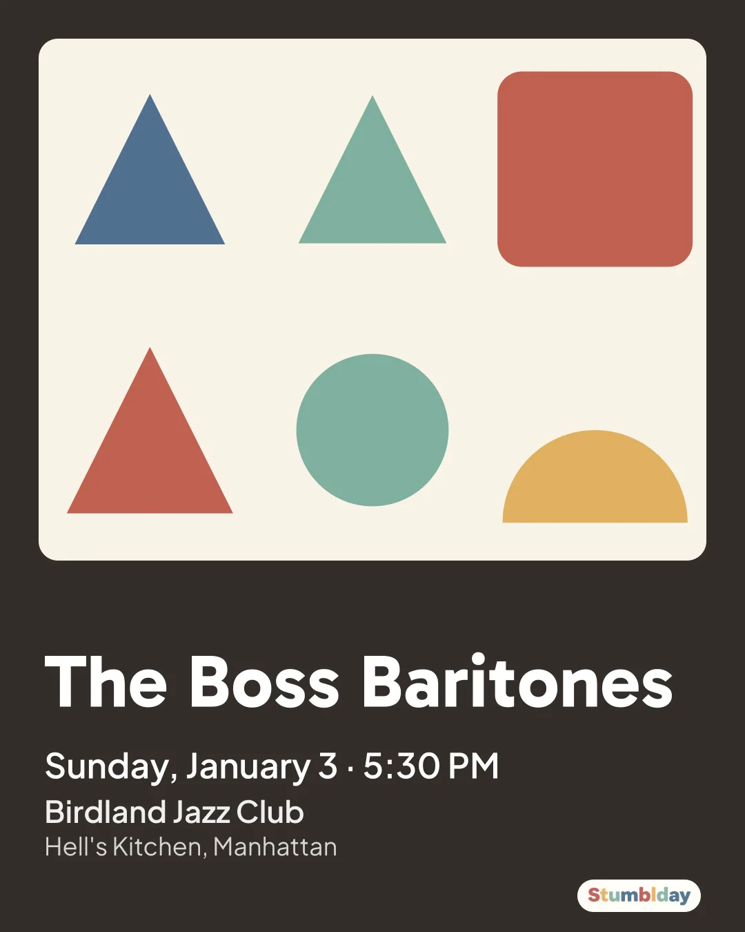 Flyer for The Boss Baritones: Sunday, January 3 · 5:30 PM at Birdland Jazz Club