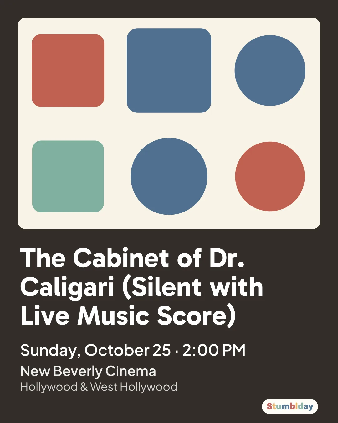 Flyer for The Cabinet of Dr. Caligari (Silent with Live Music Score): Sunday, October 25 · 2:00 PM at New Beverly Cinema
