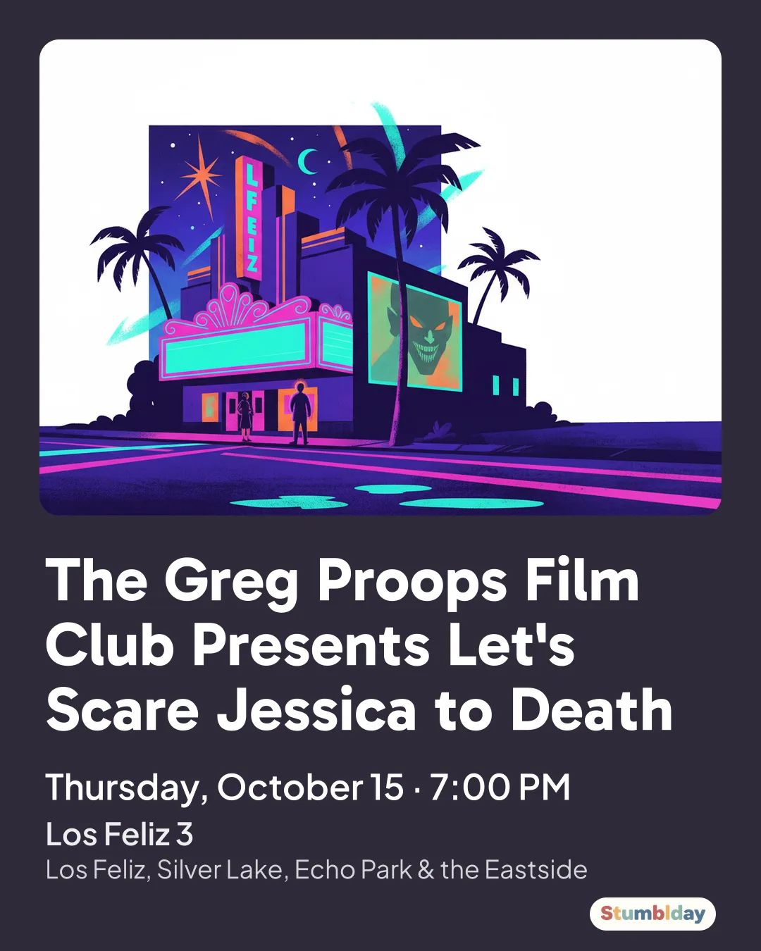 Flyer for The Greg Proops Film Club Presents Let's Scare Jessica to Death: Thursday, October 15 · 7:00 PM at Los Feliz 3