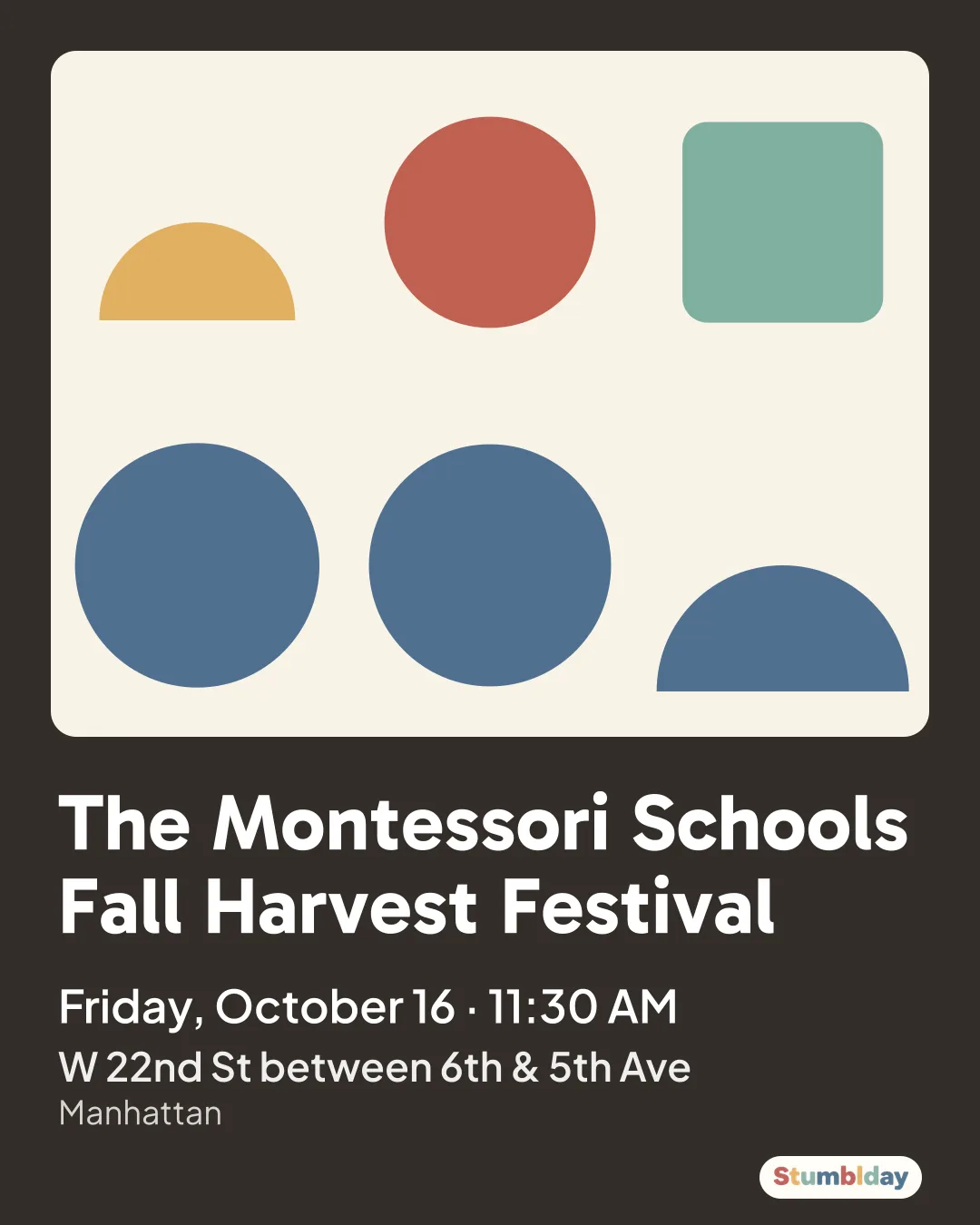 Flyer for The Montessori Schools Fall Harvest Festival: Friday, October 16 · 11:30 AM at W 22nd St between 6th & 5th Ave