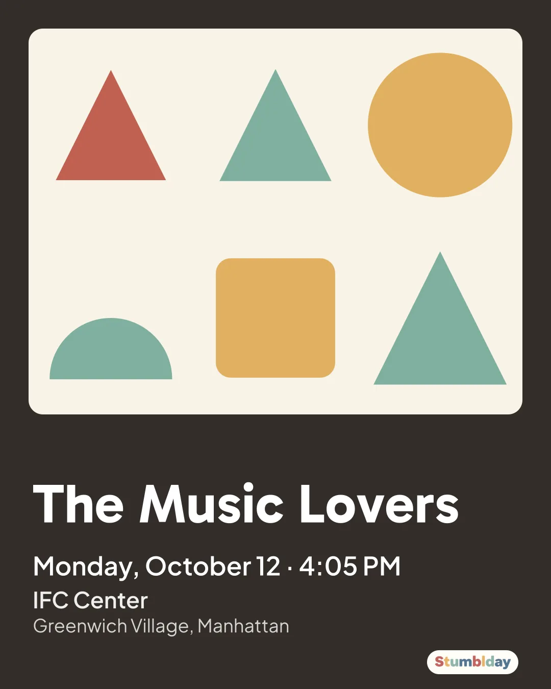 Flyer for The Music Lovers: Monday, October 12 · 4:05 PM at IFC Center