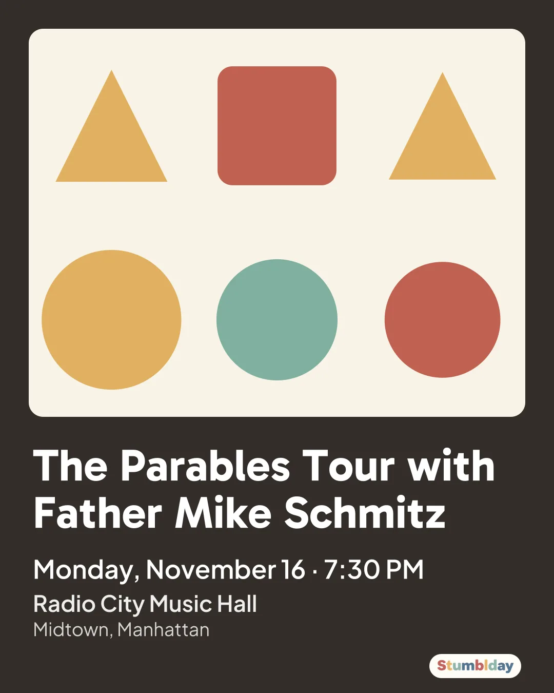 Flyer for The Parables Tour with Father Mike Schmitz: Monday, November 16 · 7:30 PM at Radio City Music Hall