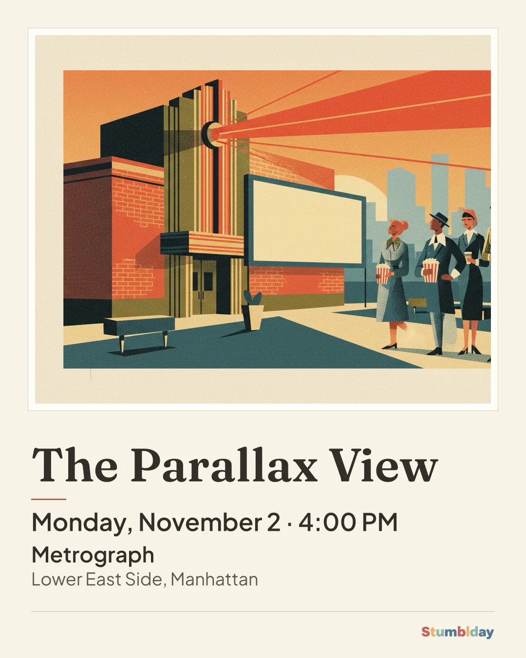 Flyer for The Parallax View: Monday, November 2 · 4:00 PM at Metrograph