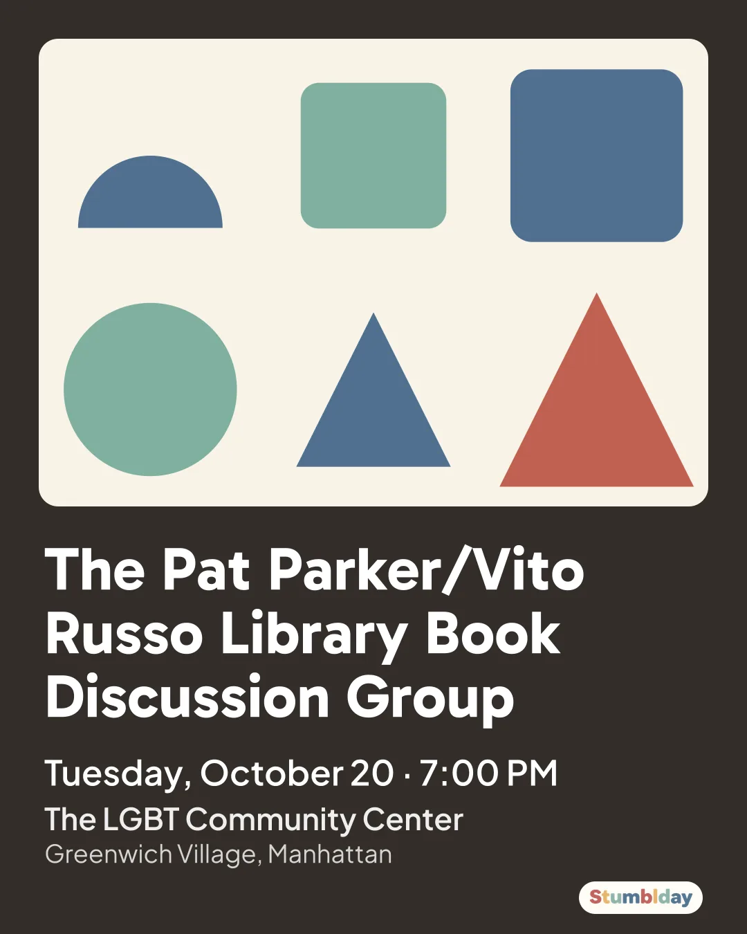 Flyer for The Pat Parker/Vito Russo Library Book Discussion Group: Tuesday, October 20 · 7:00 PM at The LGBT Community Center
