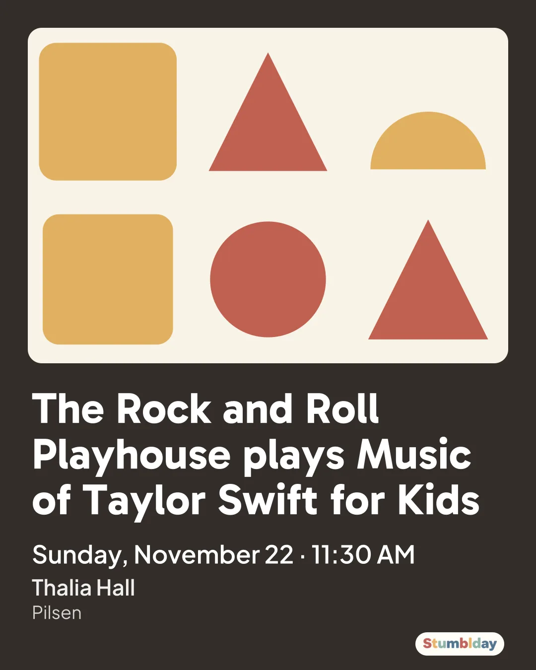 Flyer for The Rock and Roll Playhouse plays Music of Taylor Swift for Kids: Sunday, November 22 Β· 11:30 AM at Thalia Hall