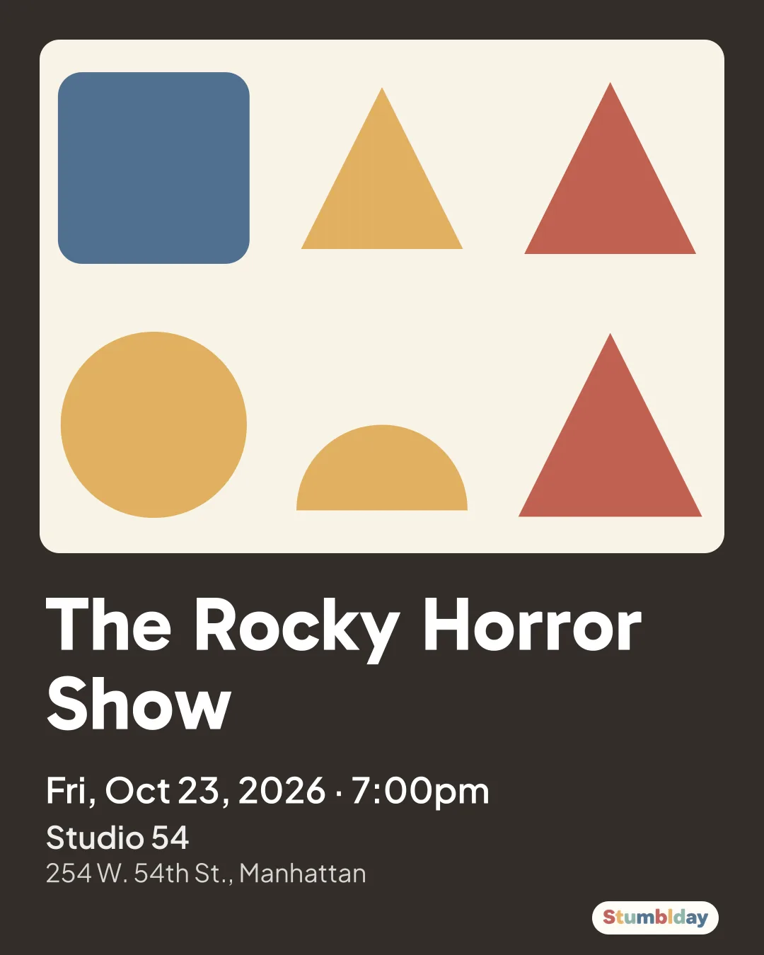 Flyer for The Rocky Horror Show: Fri, Oct 23, 2026 · 7:00pm at Studio 54