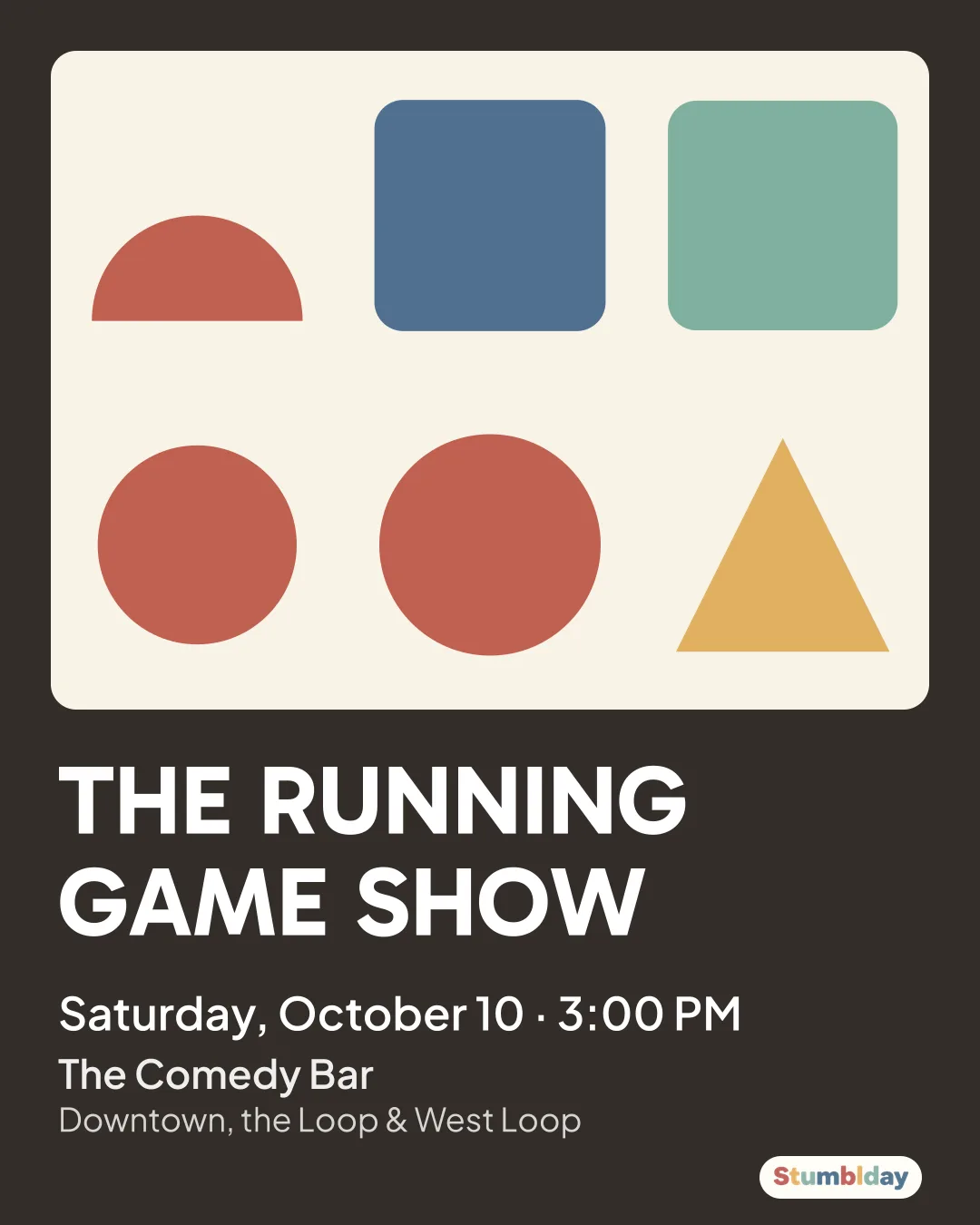 Flyer for THE RUNNING GAME SHOW: Saturday, October 10 · 3:00 PM at The Comedy Bar