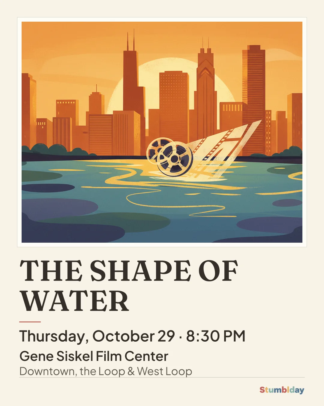 Flyer for THE SHAPE OF WATER: Thursday, October 29 · 8:30 PM at Gene Siskel Film Center