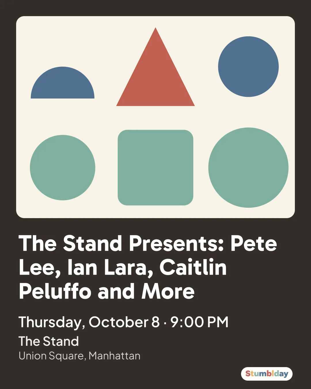 Flyer for The Stand Presents: Pete Lee, Ian Lara, Caitlin Peluffo and More: Thursday, October 8 · 9:00 PM at The Stand