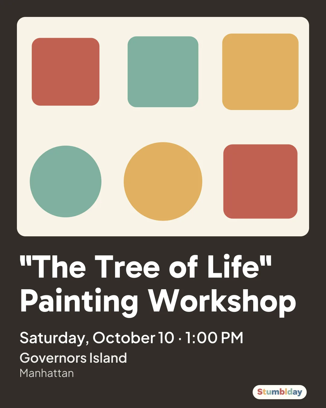 Flyer for "The Tree of Life" Painting Workshop: Saturday, October 10 · 1:00 PM at Governors Island