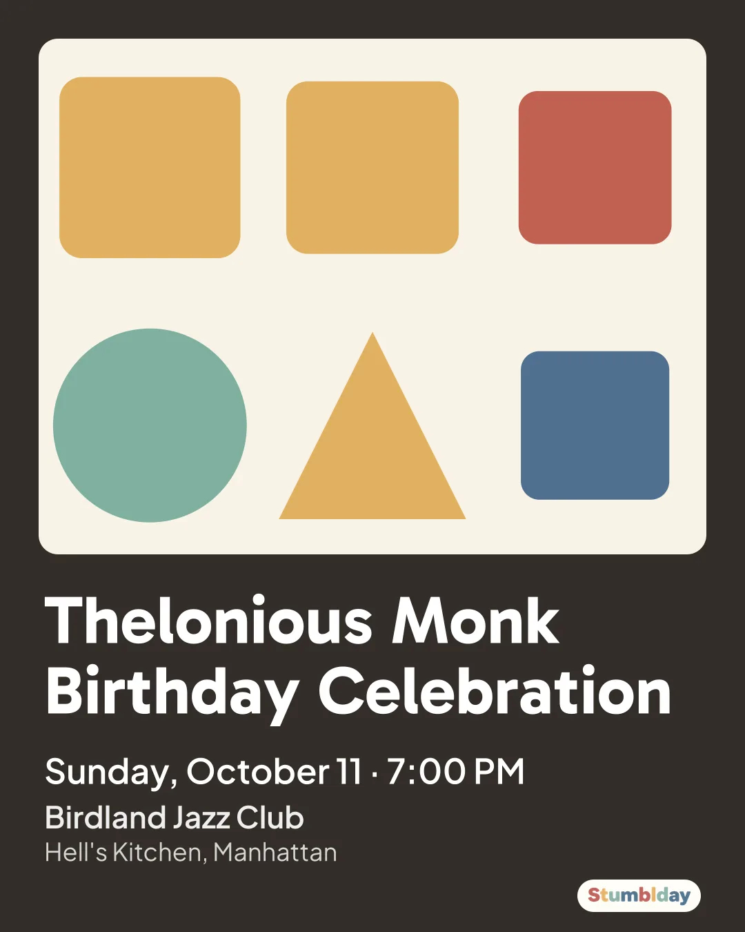 Flyer for Thelonious Monk Birthday Celebration: Sunday, October 11 · 7:00 PM at Birdland Jazz Club