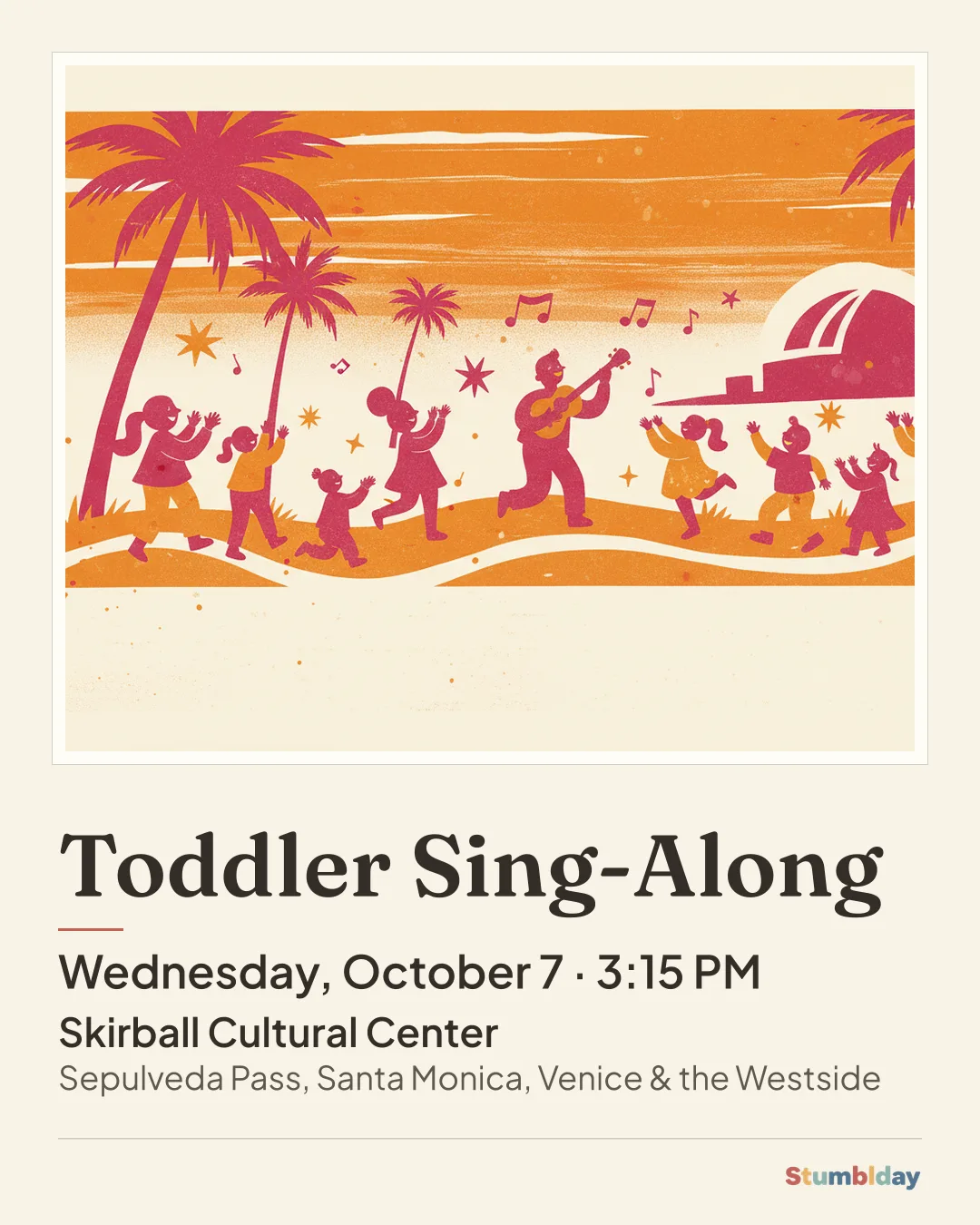 Flyer for Toddler Sing-Along: Wednesday, October 7 · 3:15 PM at Skirball Cultural Center