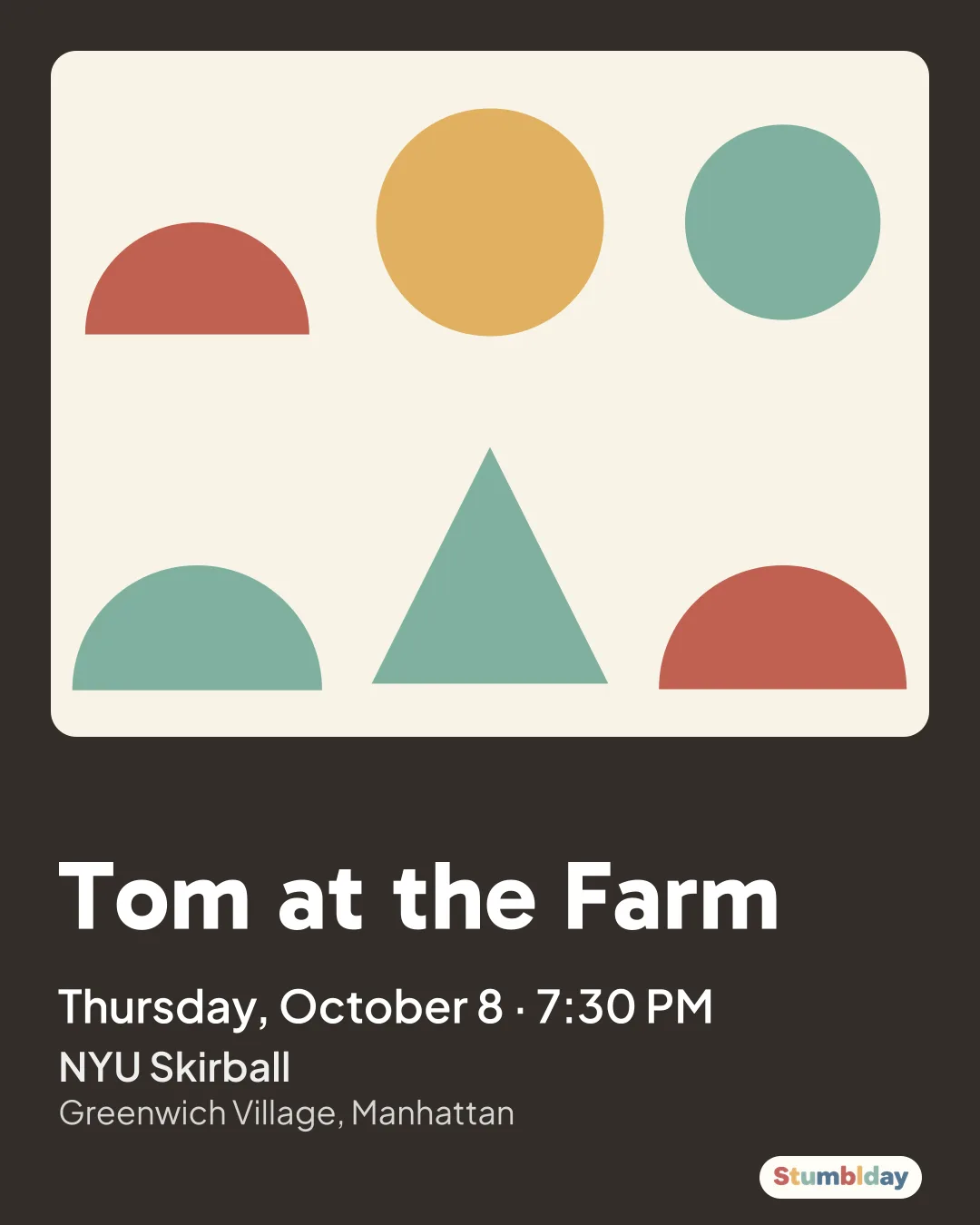 Flyer for Tom at the Farm: Thursday, October 8 · 7:30 PM at NYU Skirball