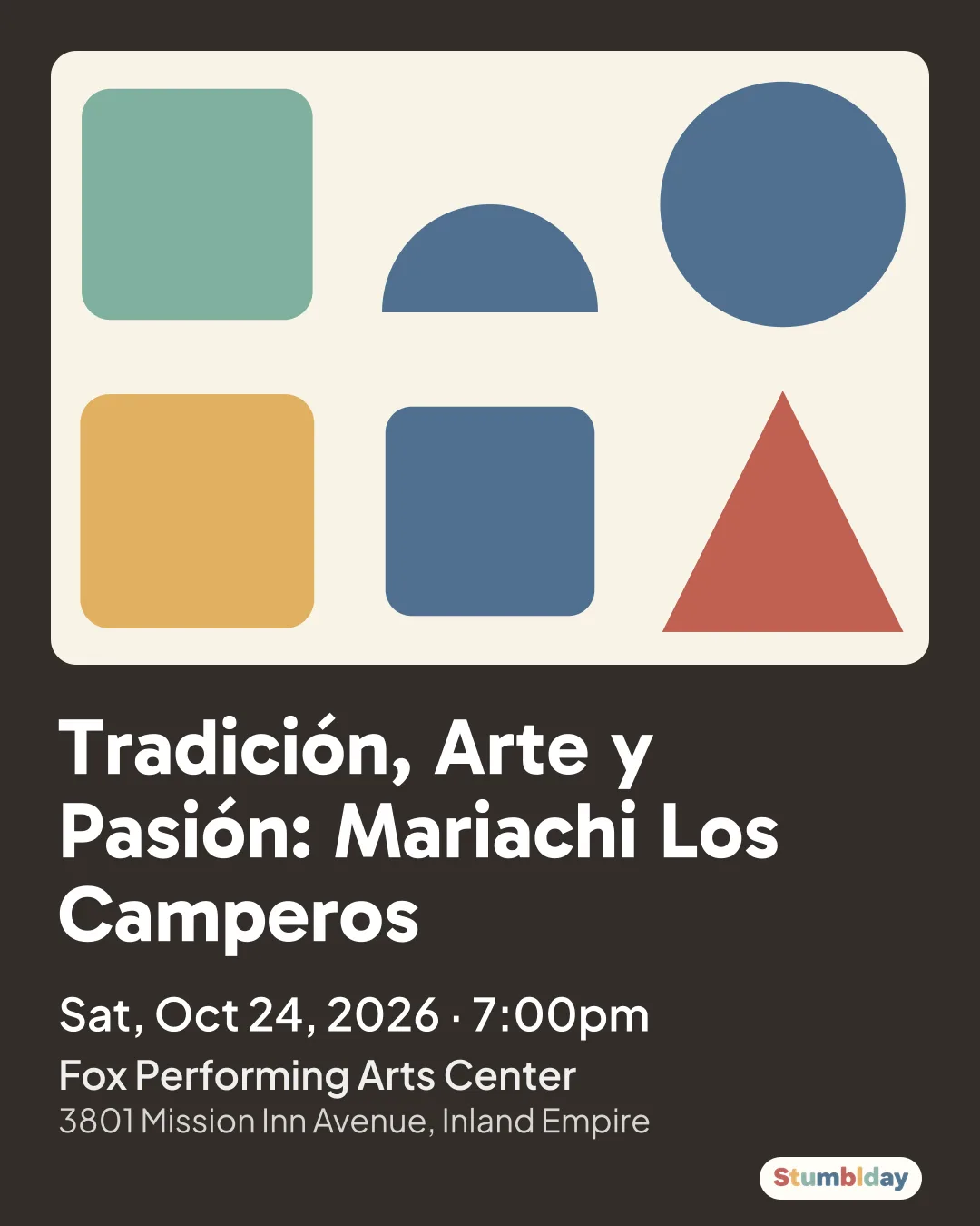Flyer for Tradición, Arte y Pasión: Mariachi Los Camperos: Sat, Oct 24, 2026 · 7:00pm at Fox Performing Arts Center